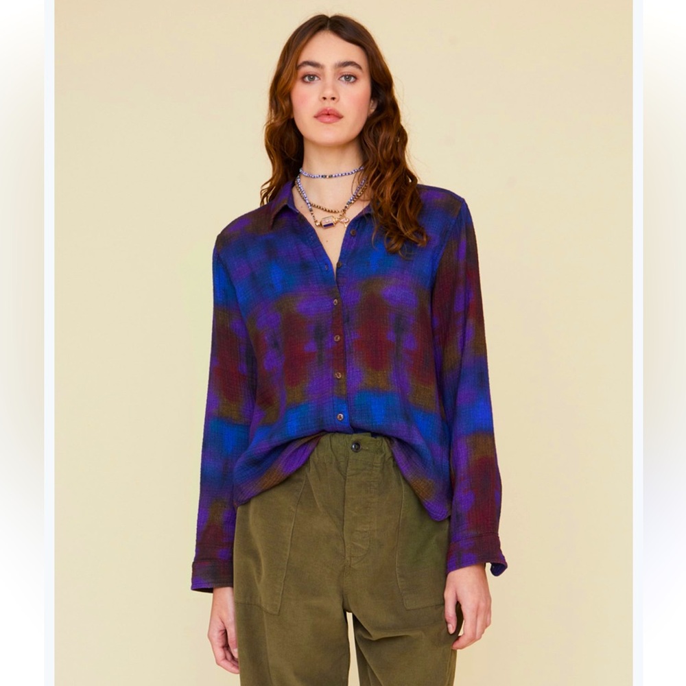 Xirena Scout Celestial Gauzy Long Sleeve Button Shirt Blue Purple Women’s Size L